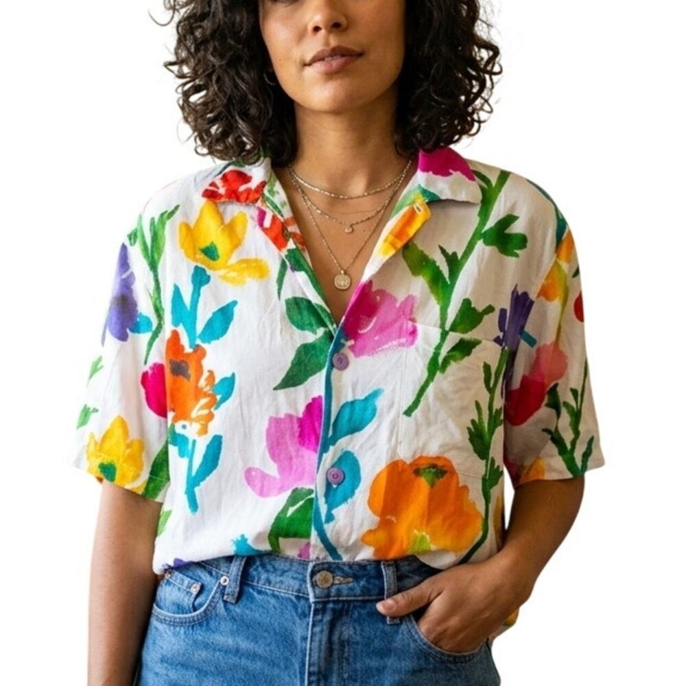 JAMS WORLD Women's Hawaiian Aloha Camp Button Up Shirt Small Floral 90s Vintage